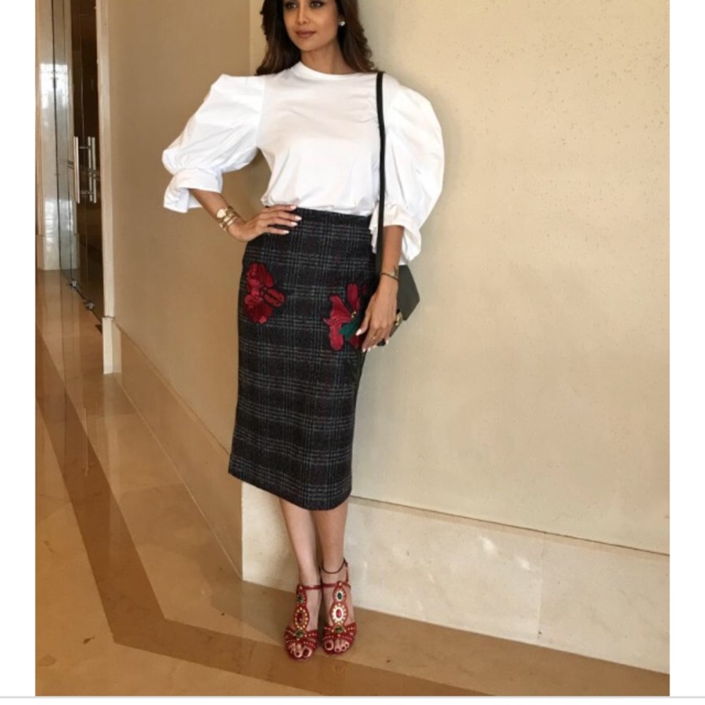 Philosophy black gray red plaid wool pencil skirt size 6 NWT - Picture 2 of 9